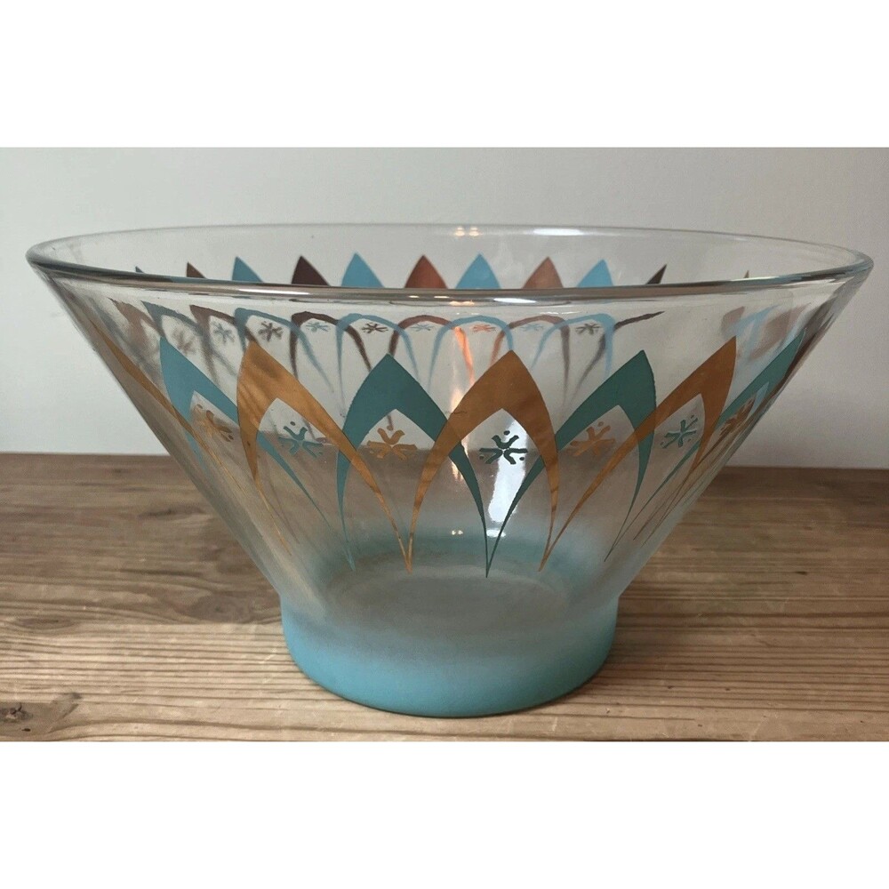 Vintage MCM Anchor Hocking Atomic Glass Bowl Large Turquoise Gold Starburst Arch
